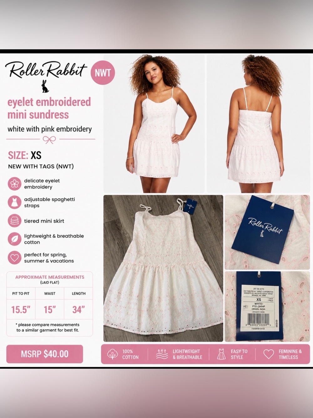 roller rabbit white pink eyelet embroidered mini sundress nwt xs